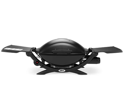 Leckeres Grillvergnügen unterwegs – Weber Q2000 Gasgrill | Portabler BBQ Grill für Outdoor-Fans | Große Grillfläche, ausklappbare Seitentische, langlebiger porzellanemaillierter Guss-Grillrost | Schwarz