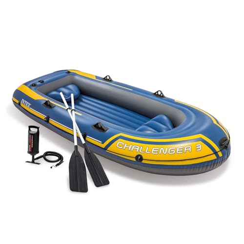 Ultimatives Outdoor-Erlebnis – Robustes Schlauchboot für Abenteurer – Perfekt für Familienausflüge – Intex Challenger 3 Set, 295 x 137 x 43 cm, 3-teilig, Blau/Gelb, 68370NP, 6.5 cm