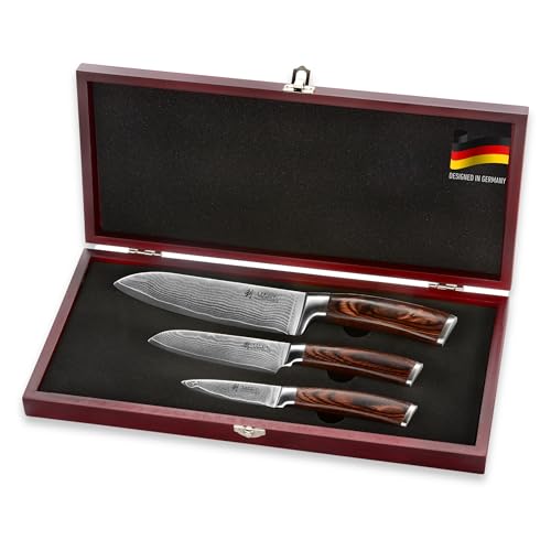 Kochmesser – Hochwertiges Damastmesser Set – Für Profis und Hobbyköche geeignet. Präzise geschnittene Klingen aus 67 Lagen Damaststahl mit VG10 Schneidkern. In edler Geschenkbox.