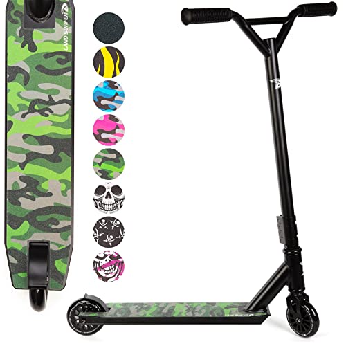 Maximaler Spaß garantiert – Land Surfer Stunt Scooter | Perfekt für Kids ab 8 und junge Erwachsene | 360 Grad Deck, 100 mm High PU-Räder, ABEC-9 Kugellager | Camouflage Grün