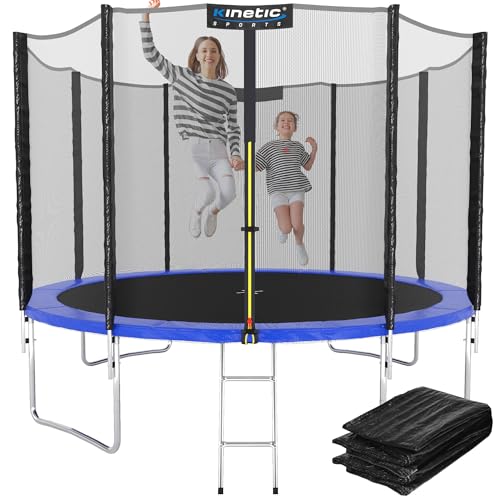 Ultimativer Springspaß im Garten – KINETIC SPORTS Trampolin Outdoor 'Salto Plus' Ø 183/244/305/366/400/430/490 cm - Komplett-Set für Kinder, USA Sprungtuch, Netz, Randpolster, Leiter - bis zu 160kg.