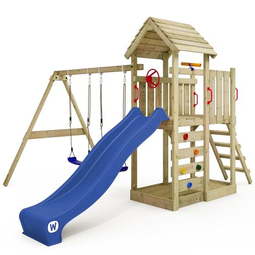 Kinderparadies im eigenen Garten – Spielturm Klettergerüst MultiFlyer mit Holzdach und Schaukel | Perfekter Outdoor-Spaß für kleine Abenteurer und Spielplatz-Fans | Inklusive Rutsche, Sandkasten und Spiel-Zubehör