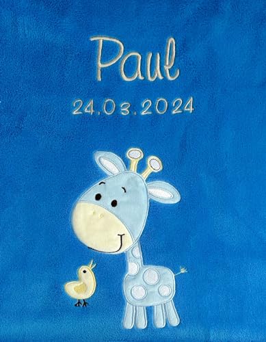 Personalisierte Babydecke – Kuschelig weich und bestickt – Perfektes Geschenk zur Geburt – Blau mit niedlicher Giraffe – Hochwertige Qualität – Individuell und einzigartig