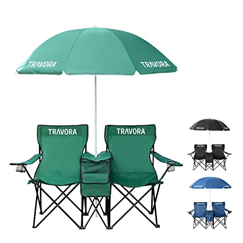 Genießen Sie die Natur zu zweit mit dem TRAVORA Partner Camping Stuhl! Entspannen Sie im Schatten des Sonnenschirms und halten Sie Getränke kühl in diesem faltbaren Doppelsitzer für Outdoor-Fans.
