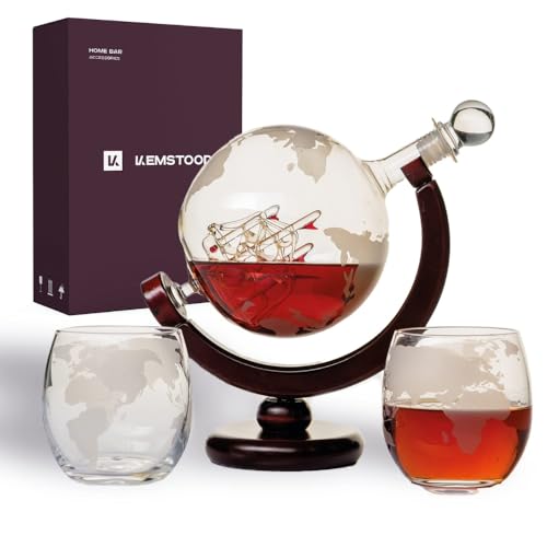 Stilvoller Whiskey-Dekanter-Sets – eindrucksvolles Weltkugel-Design mit edlem Holzständer und 2 Gläsern – perfekt für Genießer und Dekorationsliebhaber – einzigartige Geschenkidee für Herren – 850 ml Fassungsvermögen