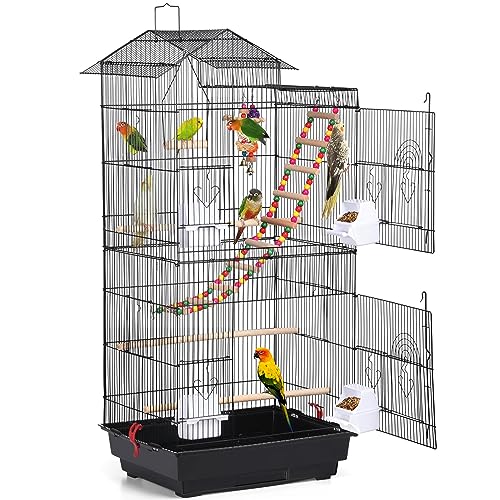 Vogelkäfig – Mit Spielzeugen und Vogeltreppe – Ideal für Wellensittiche, Nymphensittiche, Finken und Papageien – Größe 99x46x35,5 cm – Schwarz – Yaheetech