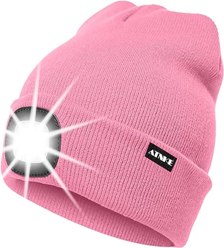 ATNKE LED Beleuchtete Mütze – Extrem Heller 4 LED Lampe – Winter Warme Stirnlampe für Herren und Damen – Perfektes Geschenk für Outdoor-Fans | Pink