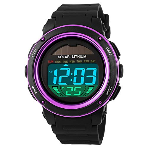 Sportliche Digitaluhr – Wasserdicht bis 50M – Perfekt für Outdoor-Enthusiasten | Solarbetrieben – Multifunktional – LED Licht – Stoppuhr – Kalender – Strapazierfähiges Kautschukband – Violett – FeiWen.