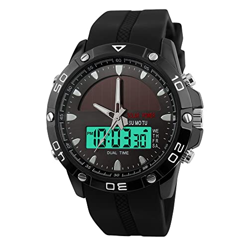 Sportliche Eleganz – Solar-Uhr für Herren – Wasserdicht bis 50M – Multifunktional und langlebig – Ideal für Outdoor-Aktivitäten – Schwarz mit Edelstahl und Kautschukband.