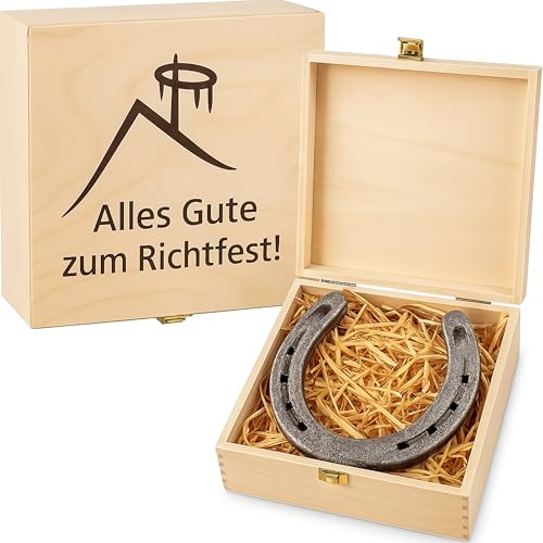 Hufeisen-Geschenkset für Richtfest – Glücksbringer aus echtem Hufeisen – Perfektes Geschenk zum Einzug oder Hausbau – Inklusive 2 Hufeisennägel – Stilvoll verpackt in Holz-Geschenkschachtel – 17x17x6,5 cm.