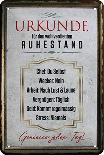WOGIKA ART Retro Blechschild - Stilvolle Anerkennung für den wohlverdienten Ruhestand - Ideales Geschenk für Vintage-Liebhaber und Pensionäre - Metall Dekoration 20 x 30 cm