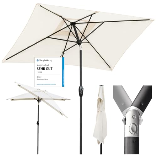 Sonnenschutz deluxe – Der Sekey Aluminium Sonnenschirm: 210 × 140 cm rechteckig, UV 50+. Perfekt für Balkon, Garten und Terrasse. Genieße die Sonne ohne Sorgen dank zuverlässigem Schutz.