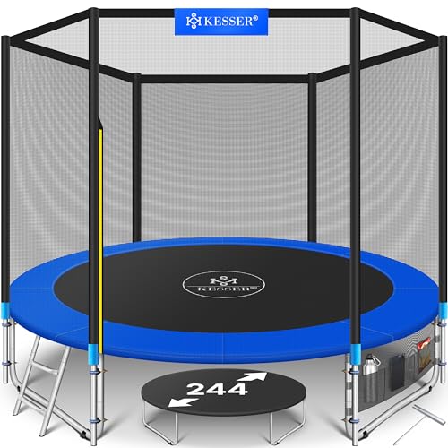 Springe sicher und spaßig – KESSER® Trampolin | Komplettset für Kinder | inkl. Sicherheitsnetz, Leiter, Randabdeckung & Zubehör | Belastbarkeit 150 kg | Blau, 244 cm