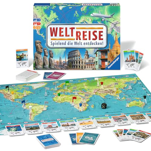 Reise um die Welt mit Ravensburger Familienspiel 26888 - Weltreise! Ein spannender Familienklassiker ab 8 Jahren für bis zu 6 Spieler, erkunde über 170 Städte und erlebe unvergessliche Abenteuer.