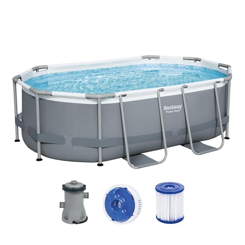 Erfrischender Badespaß im eigenen Garten – Robuster ovaler Pool mit Filterpumpe | Ideal für Familien mit Kindern und Outdoor-Enthusiasten | 305 x 200 x 84 cm, grau