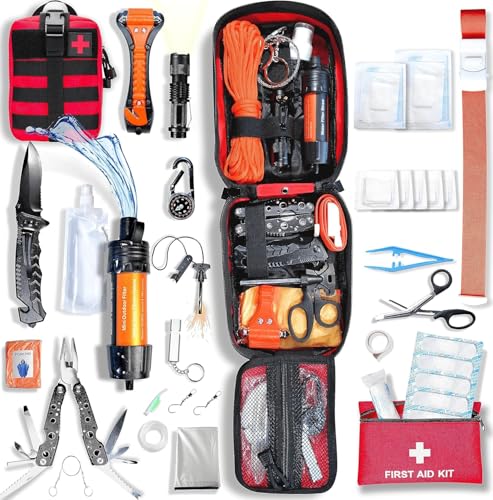 Outdoor-Abenteuer garantiert: Baytiz ® Survival Kit + Erste Hilfe Set - mit Wasserfilter Strohhalm und umfangreicher Outdoor Ausrüstung für Camping, Wandern, Fahrrad, Militär Rucksäcke und mehr!