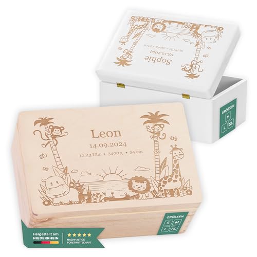 Individuelle Erinnerungsbox zur Geburt - Persönliches Geschenk für Babys | Dschungel-Design für Mädchen & Jungen | Hochwertige Kinder Erinnerungskiste aus Holz in verschiedenen Größen - FSC® zertifiziert