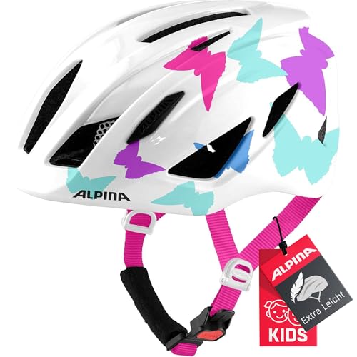 Kinderfahrradhelm – Leichter Schutz für kleine Abenteurer – Ideal für heiße Tage – Mit Fliegennetz und optionaler Beleuchtung – Für Kids von 50-55 cm Kopfumfang – Pearlwhite Butterflies Gloss.