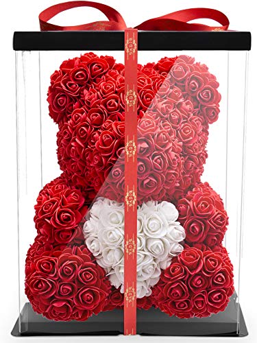 Blumenbär in Geschenkbox – Romantisches Geburtstagsgeschenk für Frauen – Perfektes Geschenk für deine Freundin zum Jahrestag – Haltbare Rosen in Form eines niedlichen Teddybären – Ideales Geschenk zum Hochzeitstag.