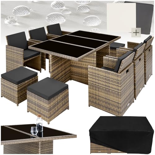 Gartenmöbel Set – Perfekt für gesellige Abende im Garten – Für große Gruppen geeignet – Klappbar und platzsparend – Inklusive Bezugsset – Für Balkon und Terrasse – Naturfarben.