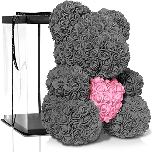 Verschenke ewige Liebe mit dem ROSEBEAR Blumenbär - Vollfarbige Rose Bear in Geschenkbox für besondere Anlässe wie Jahrestag, Geburtstag, Muttertag & Hochzeitstag - Für Ihn & Sie (40 cm Grau mit Herz)