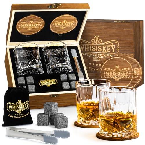 Genieße den perfekten Whisky-Genuss – Whiskey Gläser Set für Männer | Mit Geschenkbox, 2 Rum Gläser x 310ML und 8 Whiskey Steinen | Ideales Geburtstagsgeschenk für den Mann