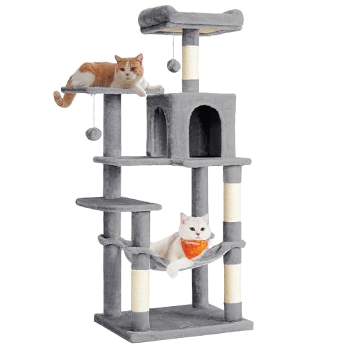 Katzenbaum – Ultimativer Kratzspaß für Ihre Katzen – Perfekt für aktive Hauskatzen – 143 cm hoch mit 4 Kratzsäulen, 2 Plattformen, Hängematte, Höhle – Feandrea PCT161W01 in hellem Grau.