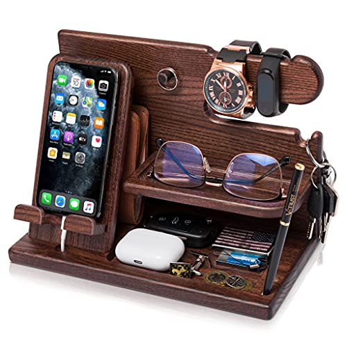 Handy Dockingstation & Schreibtisch Organizer – Stilvolle Holz Aufbewahrung für Büro – Perfektes Geschenk für Männer – Ordnung und Eleganz für den Schreibtisch – Braun & praktisch.