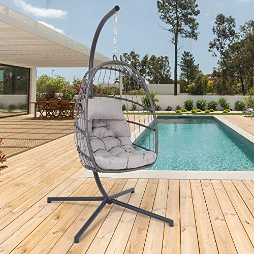 Bequemer Hängesessel für entspannte Stunden – Faltbarer Rattan-Optik Hängesessel in Grau – Wetterfest und langlebig – Ideal für Garten und Balkon – Genießen Sie Komfort und Entspannung im Freien.