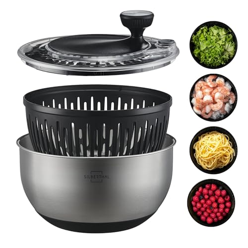 Frisch und knusprig – Große Edelstahl Salatschleuder mit rutschfestem Boden für müheloses Schleudern – Perfekt für gesunde Salate und Familienmahlzeiten – Für alle, die Wert auf Qualität legen.