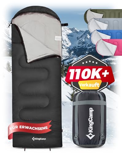 Ultraleichter Deckenschlafsack für Outdoor-Abenteuer – Warm, waschbar & faltbar – Perfekt für Erwachsene & Kinder beim Camping, Wandern und Reisen – KingCamp Schlafsack (Schwarz, L Zip, 220×75cm)
