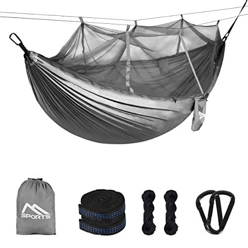 Entspannung pur im Freien – MSPORTS Camping Hängematte Premium Ultraleicht mit Moskitonetz | 250 kg Tragkraft, Atmungsaktiv (Silber-Grau) – Perfekt für Outdoor-Fans und Naturbegeisterte!