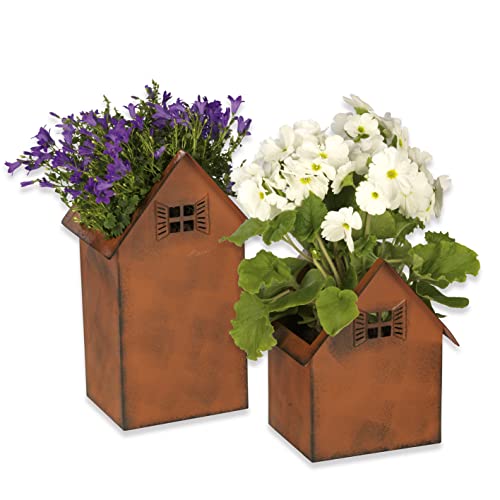 Rostige Eleganz für Ihren Garten - Hoberg Blumentöpfe im Haus-Design | Wetterbeständige Pflanzkübel im 2er Set | Perfekte Deko für Garten, Balkon, Haustür & Teich | In- & Outdoor geeignet