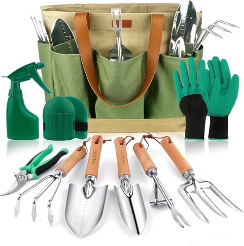 Gartenwerkzeug Set – Schwerlast Edelstahl – Perfektes Geschenk für Gartenliebhaber – 10-teilig mit rutschfestem Holzgriff – Hochwertige Verarbeitung – Ideal für Frauen und Männer – Grün.
