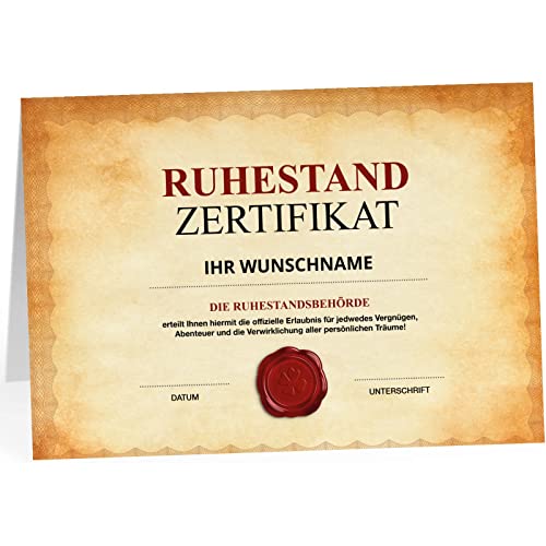 Einzigartige XXL Abschiedskarte für Kollegen – Personalisiertes Zertifikat im Vintage-Stil – Große Klappkarte mit Umschlag – Perfekt zur Rente, Ruhestand, Pension oder Kündigung.