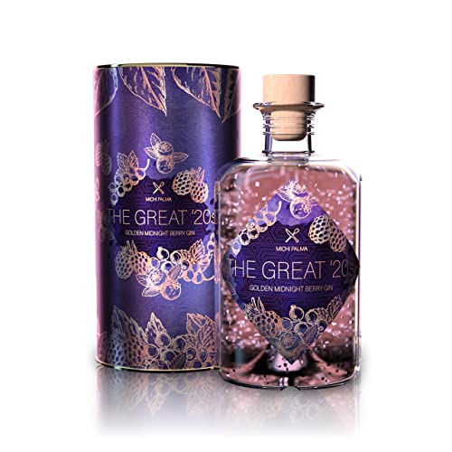 Goldene Gin-Geschenkidee – Premium Spirituose auf Gin-Basis – Michi Palma | The Great '20s Golden-Midnight-Berry (1 x 0.5 l) – Mit 23 Karat reinem Blattgold und edler Geschenkverpackung.