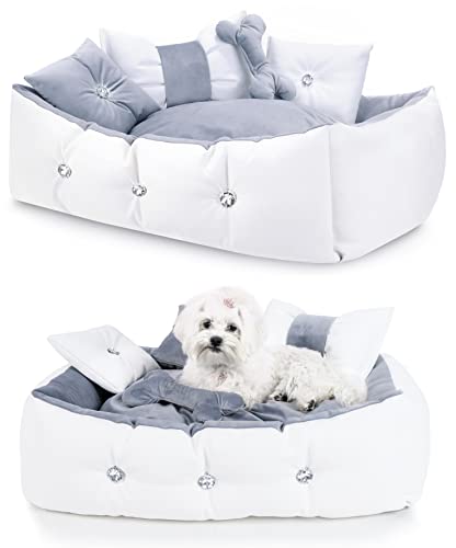 Luxuriöses Hundebett – Glamour für kleine und mittelgroße Hunde | Handgefertigt aus Kunstleder in Grau-Weiß | Flauschiges Hundekissen, waschbar, ideal für Welpen und verwöhnte Vierbeiner.