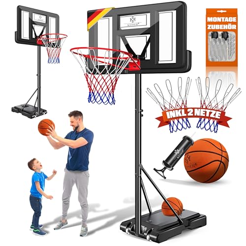 Perfekter Spielspaß im Freien – KESSER® Basketballkorb Outdoor mit Ständer & Rollen für Erwachsene & Kinder | Höhenverstellbar 230 bis 305 cm | Inkl. 2x Netze, Basketball & Pumpe