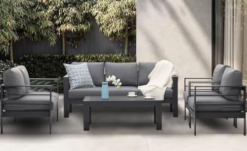 Entspannen im Freien - Wetterfestes Gartenmöbel Set für 6-7 Personen aus Aluminium mit Sofa, Tisch, Hocker & Kissen in Grau & Dunkelgrau. Ideal für Innen- und Außenbereich!