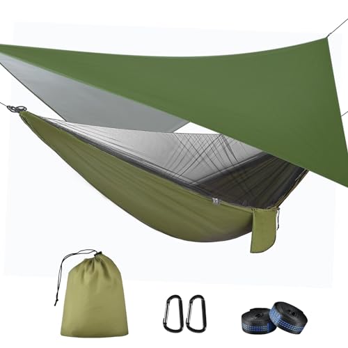 Entspannung pur – Wasserdichte Camping Hängematte mit Moskitonetz und Zeltplane | Ultimativer Komfort für Outdoor-Fans | 200kg Belastbarkeit | Ideal für Wandern und Reisen