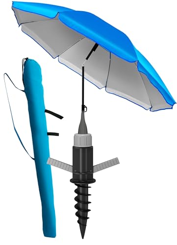 Genießen Sie den Strand mit dem 4smile Sonnenschirm Strand SunnyJoy in Blau - Ihr perfekter Begleiter für sonnige Tage am Meer! Strandschirm mit UV-Schutz 50+ und stabiler Konstruktion.