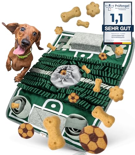 DOGPARENTS® Schnüffelteppich für Hunde – Fußballfeld mit 8 Trainingselementen – Extrem Robustes Hundespielzeug – Für große & kleine Hunde – Sportarena als Intelligenzspielzeug (grün)