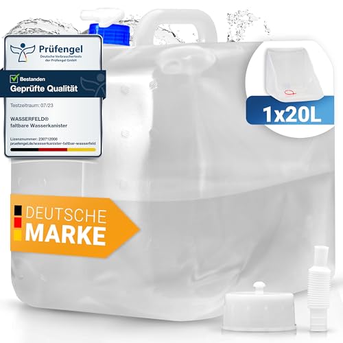 Trinkwasserkanister – Faltbarer Wasserspeicher für unterwegs – Ideal für Outdoor-Abenteurer und Campingfans – Praktisches Design mit auslaufsicherem Dosierhahn und Tragehenkel – 20 Liter Kapazität.