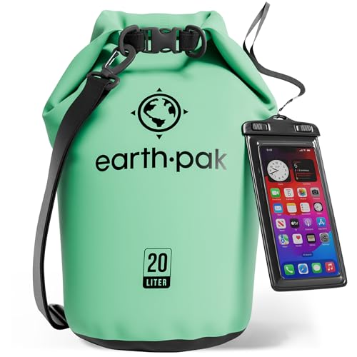 Wasserdichter Packsack mit Schultergurt und wasserfester Handyhülle – Ihr idealer Begleiter beim Kajak Fahren, Wandern, Camping, Angeln, Bootfahren und Rafting: Earth Pak (Meerschaumgrün, 20L)