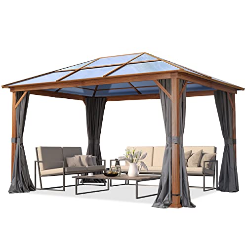 Stilvoller Schutz im Garten – Hochwertiger TOOLPORT Gartenpavillon in Holzoptik mit robustem Polycarbonat-Dach und 4 grauen Seitenteilen für entspannte Stunden im Freien.