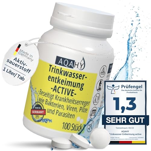 Frisches Trinkwasser überall - AQAHY Wasserentkeimungstabletten Active sorgen mit sicheren Wirkstoffen für keimfreies Wasser unterwegs | Ideal für Outdoor-Abenteurer und Reisende | 100 Tabletten für 100 Liter.
