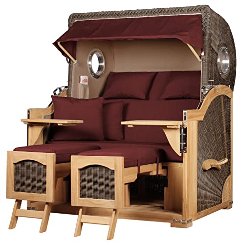Entspannung pur – Luxuriöser Strandkorb Ammersee Grande XL mit Teakholz und Bullauge für ultimativen Komfort am Strand oder im Garten. Perfekt für Sonnenanbeter und Genießer.