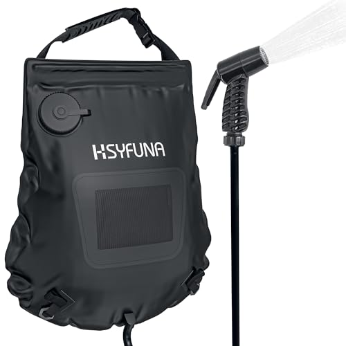 Genießen Sie warmes Wasser unter freiem Himmel – HSYFUNA Campingdusche mit Temperaturanzeige! Ideal für Outdoor-Enthusiasten, bietet 5 Gallonen/20L Warmwasser bis zu 45°C für Camping, Wandern und Klettern.