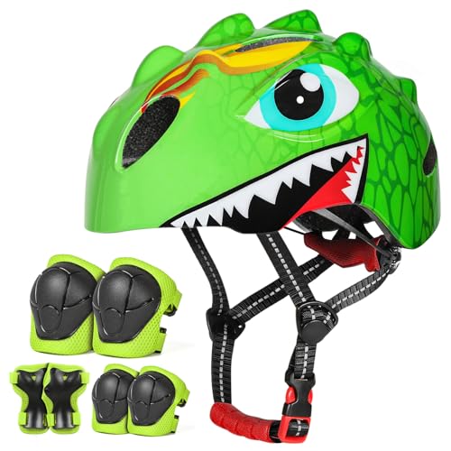 Sicher unterwegs mit Stil – Niedlicher 3D Cartoon Fahrradhelm für Kinder – Ideal für Radsport, Skateboard und Rollschuh – Verstellbare Größe für Jungen und Mädchen – Grünes Set