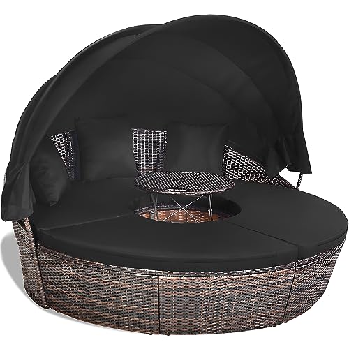 
Runde Sonneninsel mit Dach und Tisch – Entspannung für 2 Personen im Garten! Gemütliche Gartenliege aus Rattan mit Sitz- und Rückenkissen für Outdoor-Fans auf der Suche nach Komfort und Stil.